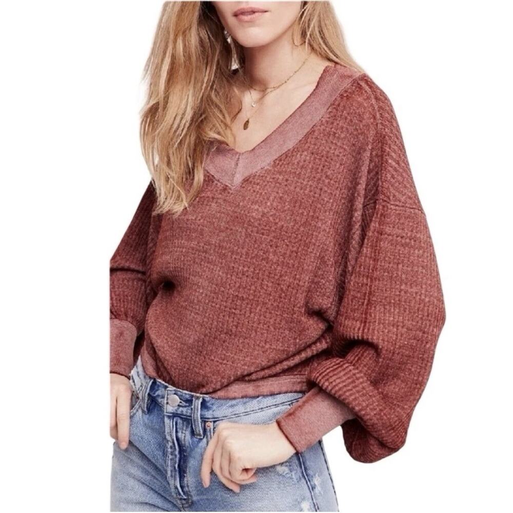 We The Free People South Side Thermal Top V-Neck S Cinnamon Burnout Oversized
